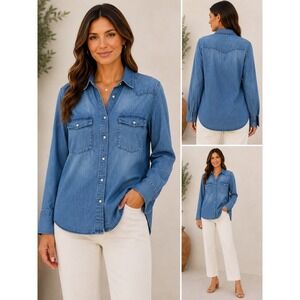 J.Crew Denim Shirt Womens 12 Light Wash Pearl Button Western Cotton Top